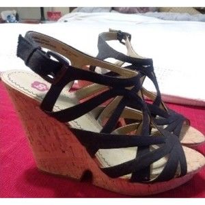 BP Women's Black Open Toe Strappy Platform Sandals Wedge Heel Size 9.5